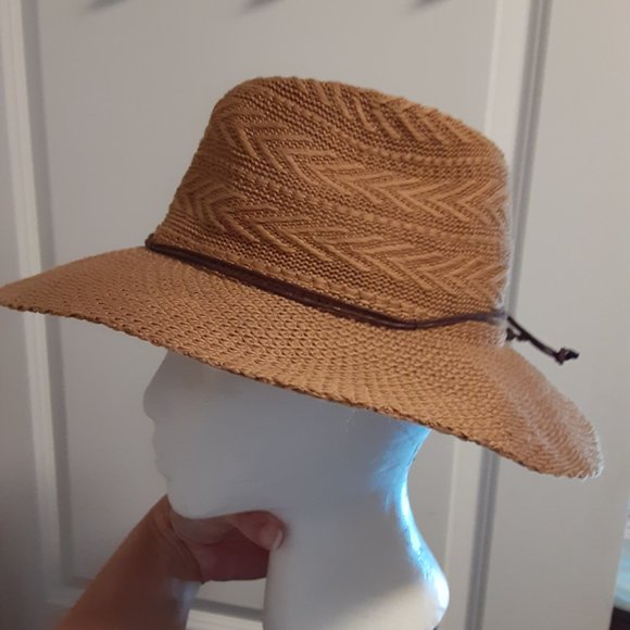 Scala Pronto tan woven floppy hat w Brown Thin Hatband - Picture 5 of 10